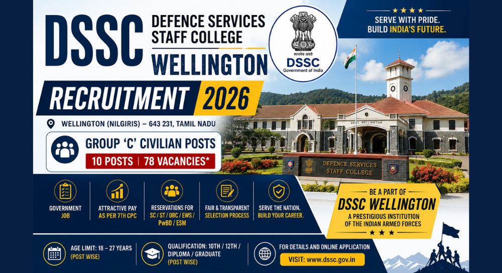 Latest DSSC Wellington Recruitment 2026 Apply Online | பாதுகாப்புப் படை பணியாளர் கல்லூரியில் 10, 12 ஆம் வகுப்பு தகுதியுடன் உதவியாளர் மற்றும் எழுத்தர் பணி அறிவிப்பு DSSC Wellington Recruitment 2026