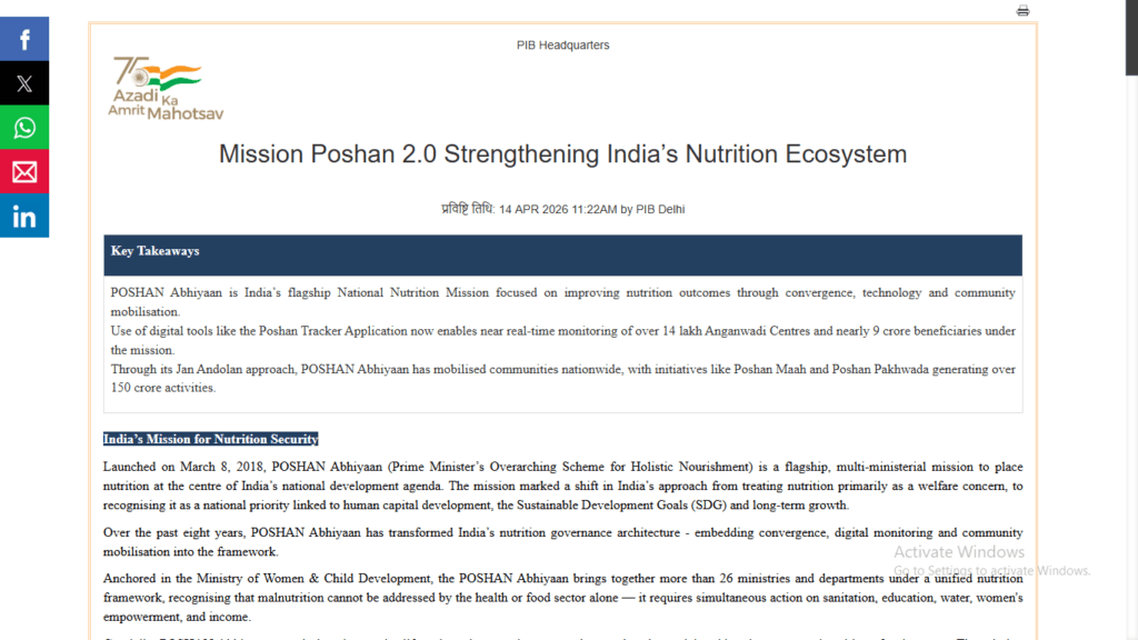 Infographic showing the three pillars of Mission Poshan 2.0: Nutrition, ECCE, and Saksham Anganwadi Infrastructure.