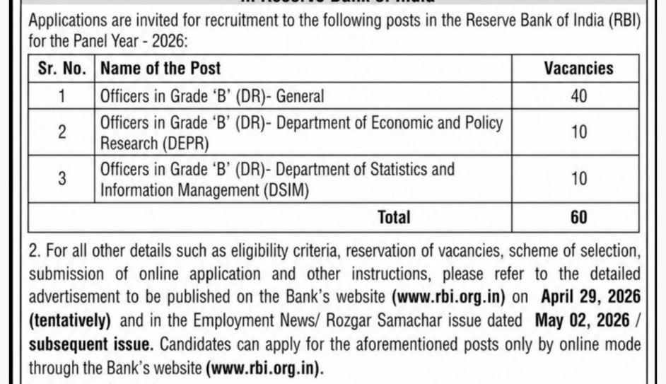 RBI Grade B Notification 2026 Apply Online for 60 Posts